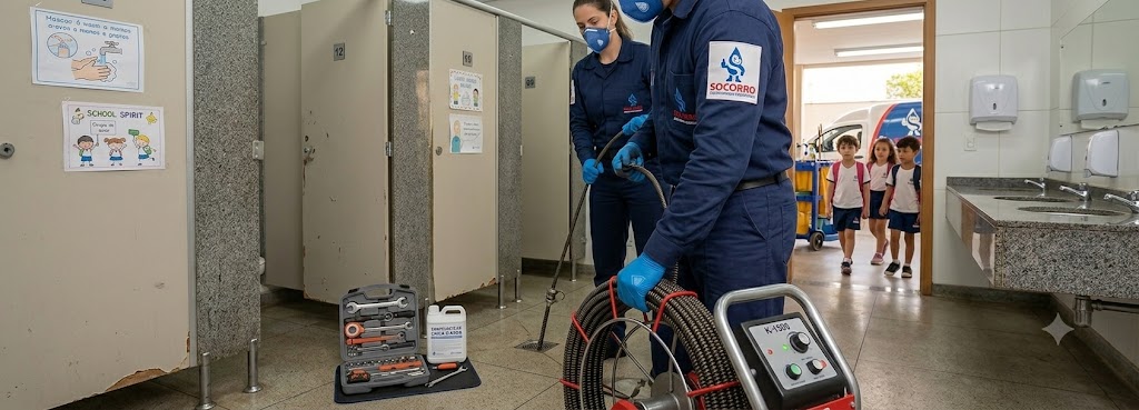 Profissional realizando Desentupimento e Manutenção Preventiva para Escolas, Colégios e Creches em Palhoça