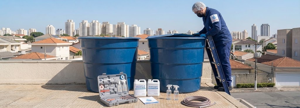 Profissional realizando Imunização e Desinfecção Bacteriológica de Caixas D'água em Palhoça